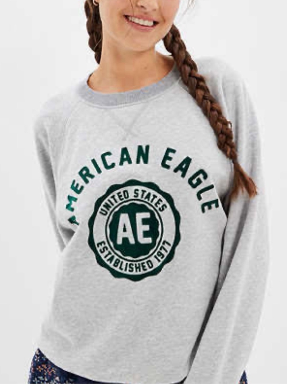 AEO American Eagle Gray Sweatshirt Jumper Size M Velvet Green Logo Streetwear